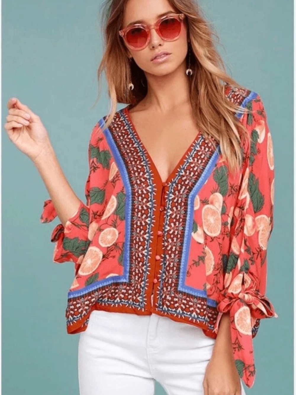 Free People Coral Citrus V-Neck Tie Cuff Blouse